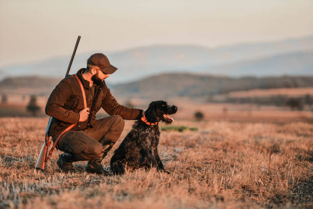 A man kneeling in an  open field with a rifle over his shoulder. His hand is resting on the shoulders of a black hunting dog with an orange collar. 